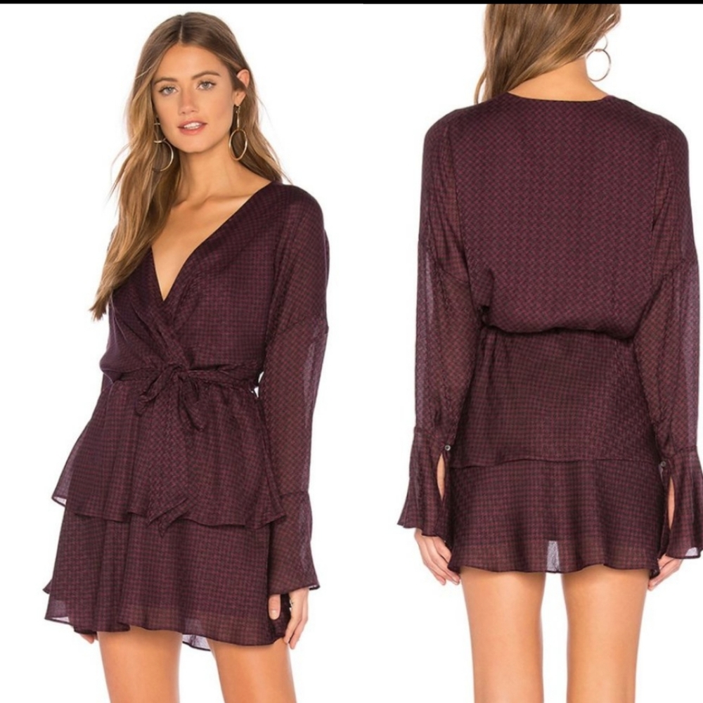 Joie Marcel Purple Black‎ Hounds Tooth Print Tier Ruffle Long Sleeve Dress M